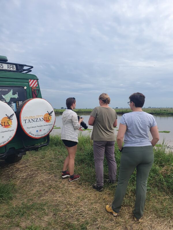 Group of people taking pictures of a lake